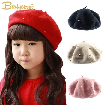 Модная шерстяная детская шапочка с жемчугом ярких цветов в стиле ретро для маленьких девочек, детские шапочки-береты для девочек 2-6 лет, 1 шт.
