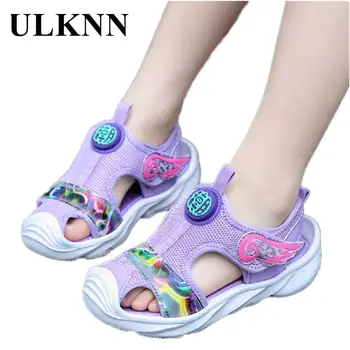 Фиолетовые пляжные сандалии ULKNN для девочек, повседневная летняя обувь для маленьких детей, Очаровательные розовые сандалии, детская школьная обувь 26-37