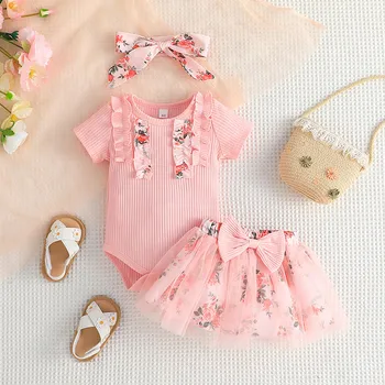 Комплекты Одежды с цветочным рисунком для маленьких девочек, Боди в рубчик с оборками и бантом, тюлевая юбка с цветочным принтом и повязкой на голову, одежда для новорожденных девочек