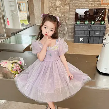 Летнее детское платье Русалки, Кружевная одежда с блестками для девочек, бальное платье с большим бантом, 2 цвета от 2 до 7 лет