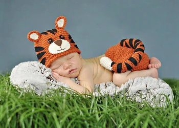бесплатная доставка, Реквизит для фотосъемки новорожденных, связанный крючком, Шапка с тигром для новорожденных и чехол для подгузника, шапочки-бини с животными, размер: 0-1 м, 3-4 м