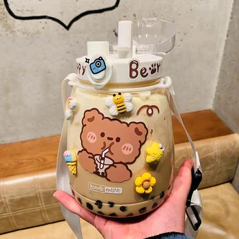 Kawaii Jumbo Bear Бутылка для воды для детей, школы для девочек, Милая Пластиковая Дорожная Бутылка для молока, чая, сока, Портативная Тыква с соломенной 3D наклейкой