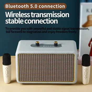 Деревянный Bluetooth-динамик, Уличный Портативный мощный беспроводной басовый динамик, Настольный домашний компьютер для караоке, динамик с двойным микрофоном