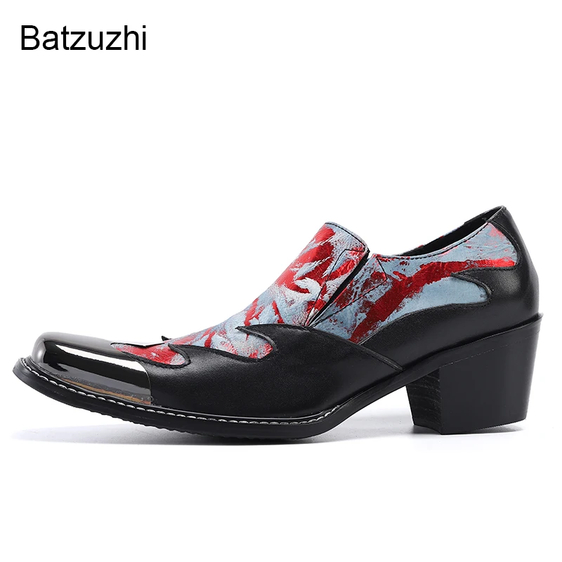 Batzuzhi/ Мужские туфли на высоком каблуке 6,5 см, Черные модельные туфли из натуральной кожи, мужские модные вечерние и свадебные туфли со стальным носком, мужские!38-46