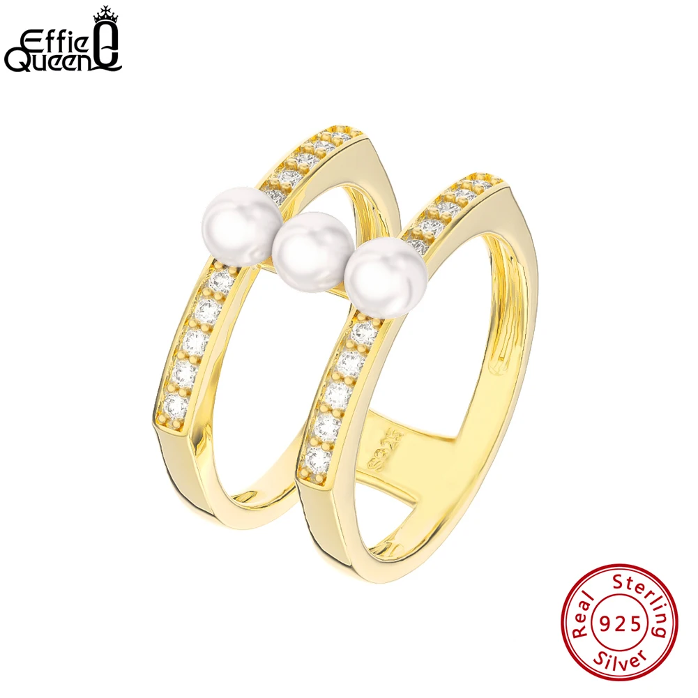 Effie Queen Двухслойные кольца из стерлингового серебра 925 пробы с натуральным жемчугом для женщин Свадебные Обручальные кольца на палец Ювелирные изделия GPR08