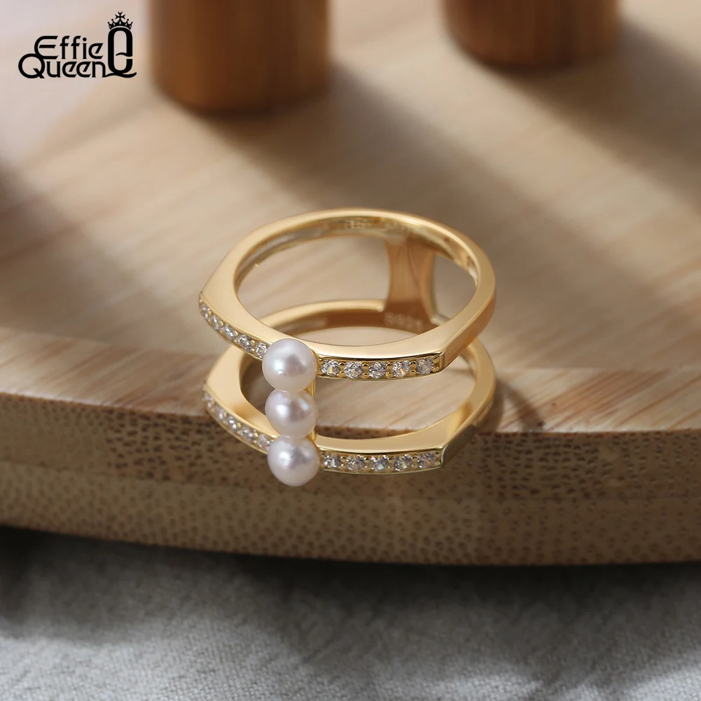 Effie Queen Двухслойные кольца из стерлингового серебра 925 пробы с натуральным жемчугом для женщин Свадебные Обручальные кольца на палец Ювелирные изделия GPR08