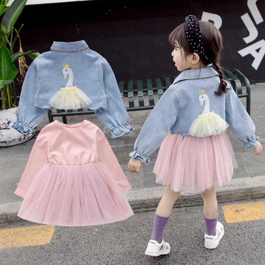 Детская одежда Для девочек, Джинсовая куртка и платье, 2 предмета, одежда для девочек, сетчатое платье в стиле пэчворк, костюм для девочки, Осенний костюм Принцессы Для девочек