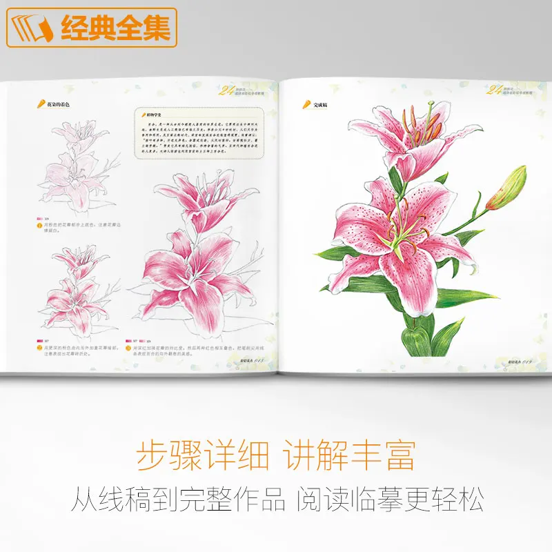 Китайская книга для рисования карандашом 24 вида цветочной живописи акварелью Цветной карандаш Учебник Учебник по искусству