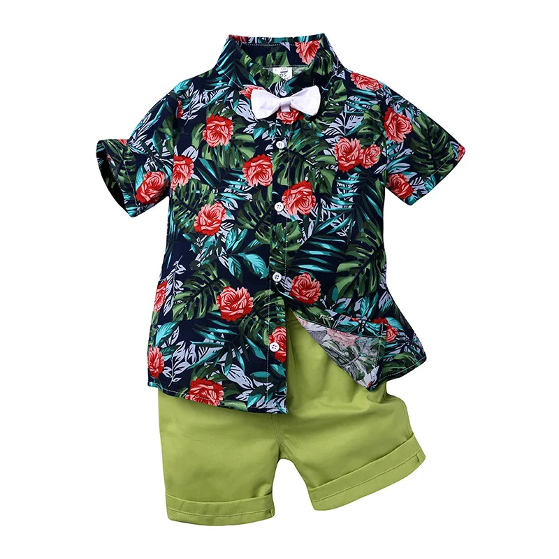 Летние новые комплекты со штанами для мальчиков, модные комплекты детской одежды, рубашка с принтом + повседневные шорты, Детская одежда, костюм с короткими рукавами для мальчиков