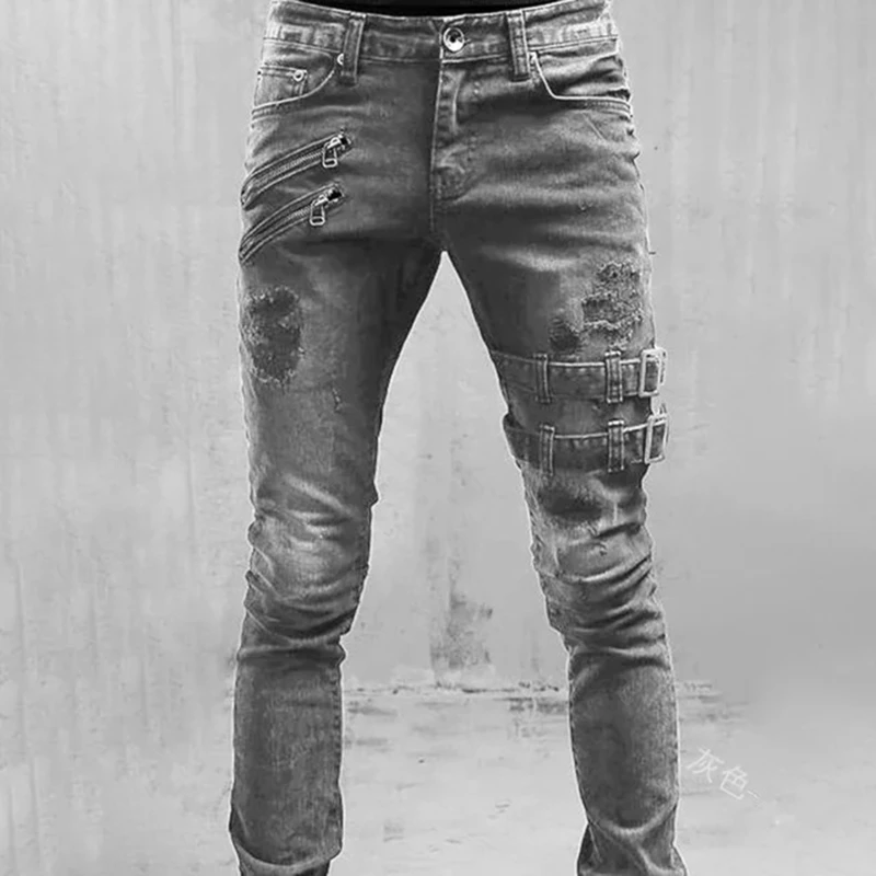 Мужские Узкие Байкерские Рваные Длинные Джинсовые брюки, обтягивающие джинсы, Карманные боковые ремни и молнии, Мужские штаны для бега, разрушенные эластичные брюки