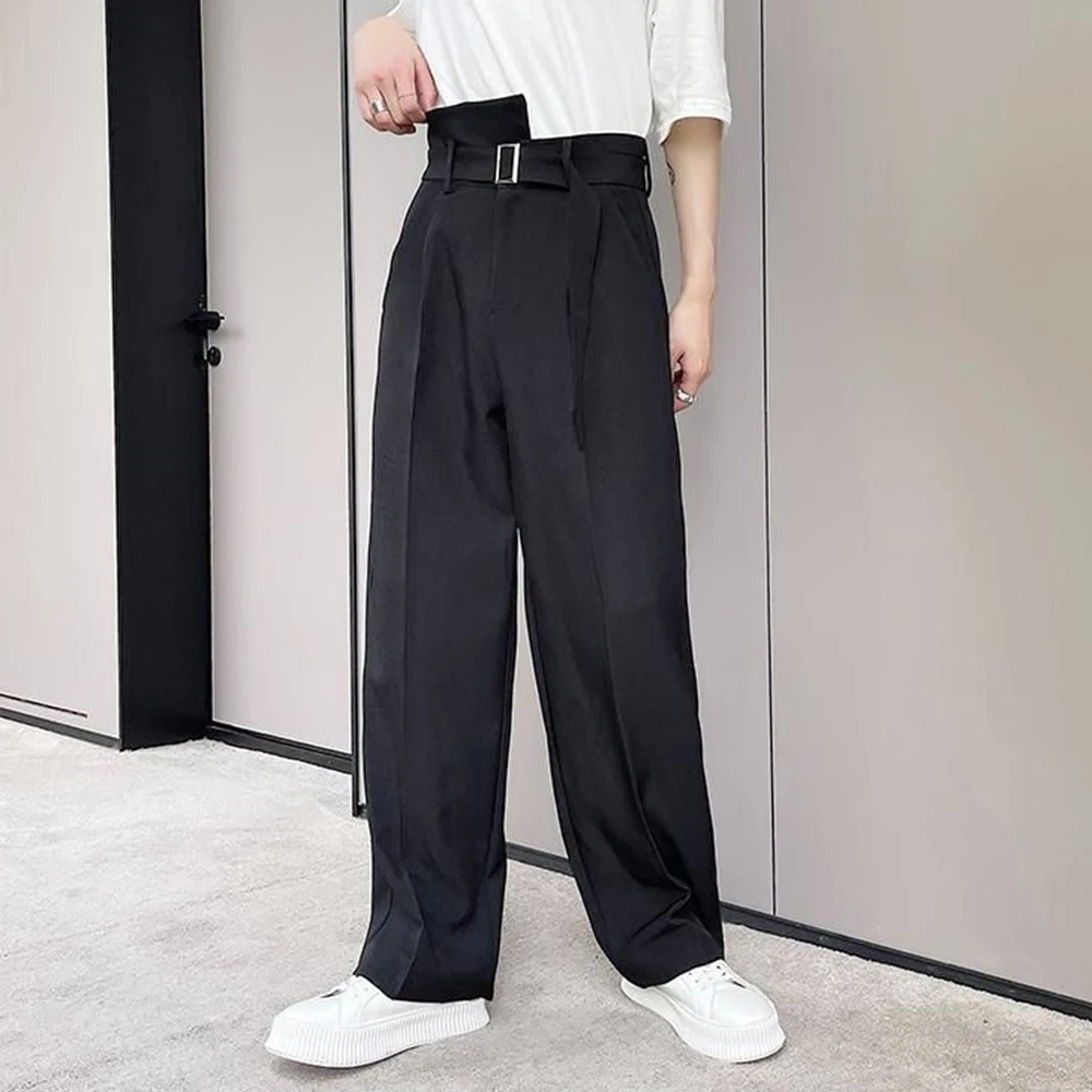 Новый Тренд, свободные широкие модные брюки для костюма, мужские повседневные брюки с высокой талией, Корейский ленточный пояс, уличная одежда в стиле хип-хоп