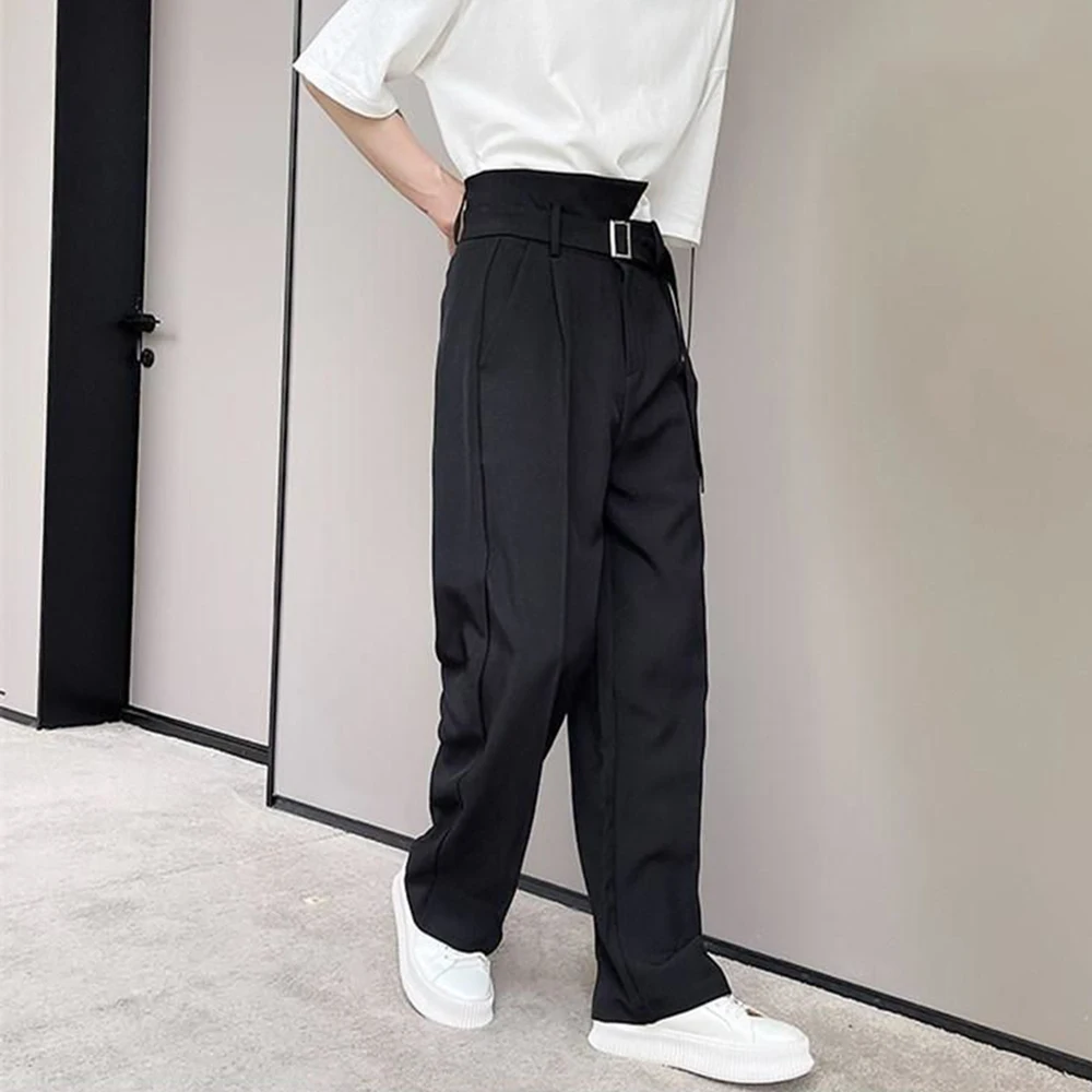 Новый Тренд, свободные широкие модные брюки для костюма, мужские повседневные брюки с высокой талией, Корейский ленточный пояс, уличная одежда в стиле хип-хоп