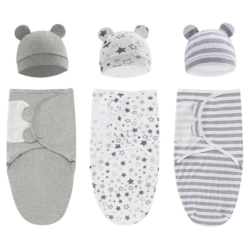 Спальный мешок Для новорожденных, Комплект Шляп, Хлопковое пеленальное одеяло, Обертывание, Спальный мешок Для маленьких Девочек и мальчиков, Регулируемое Муслиновое Пеленание 0-6 м